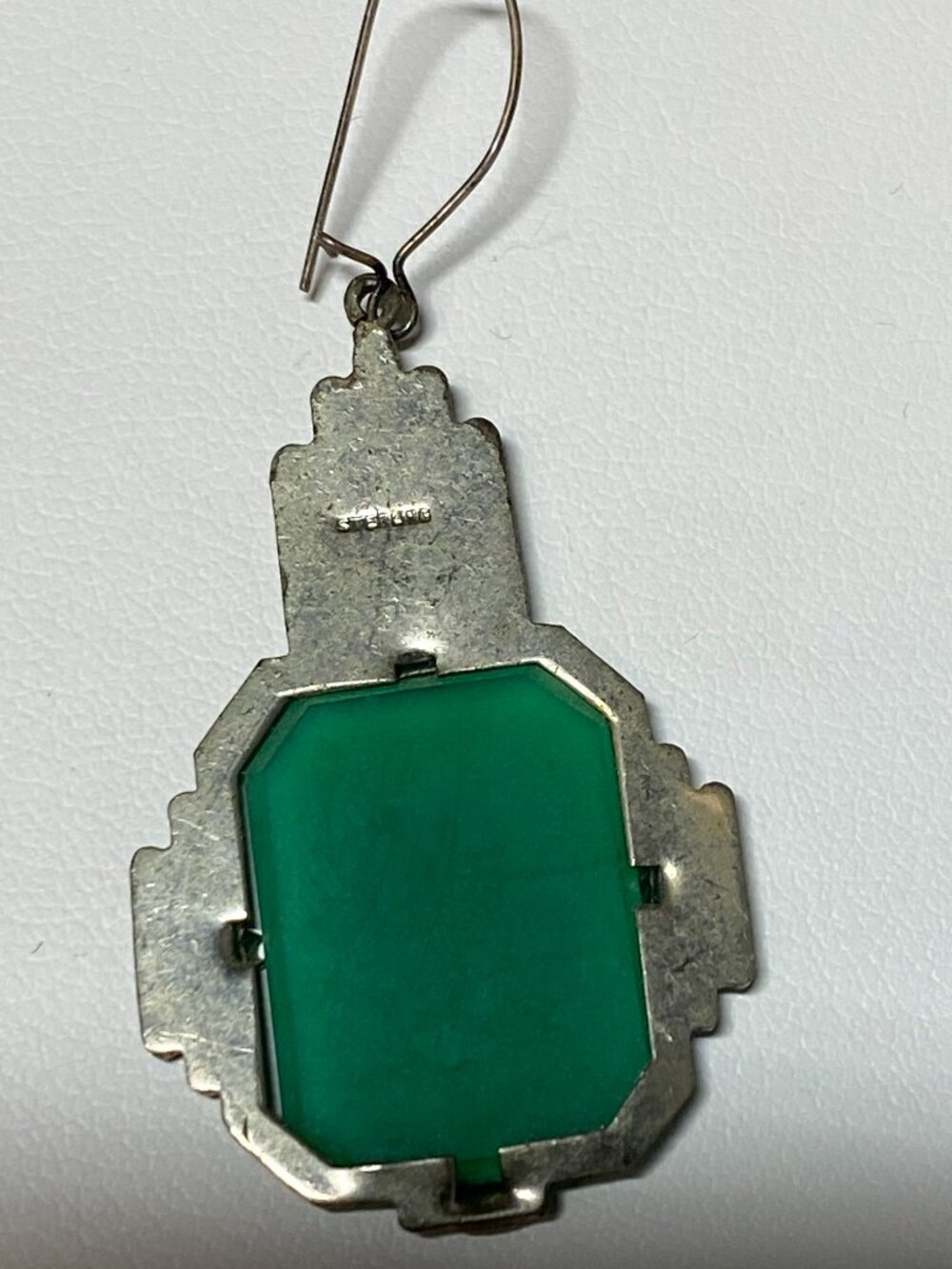 Art Deco 1930s Chrysoprase Marcasite Sterling Silver Earrings Antique - Picture 10 of 15